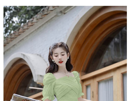 Elbow-Sleeve Cold Shoulder Plain Midi A-Line Dress