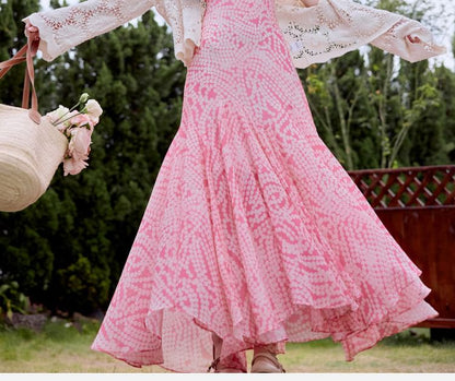 Spaghetti Strap V-Neck Polka Dot Ruffle Maxi A-Line Dress / Lace Cardigan / Set