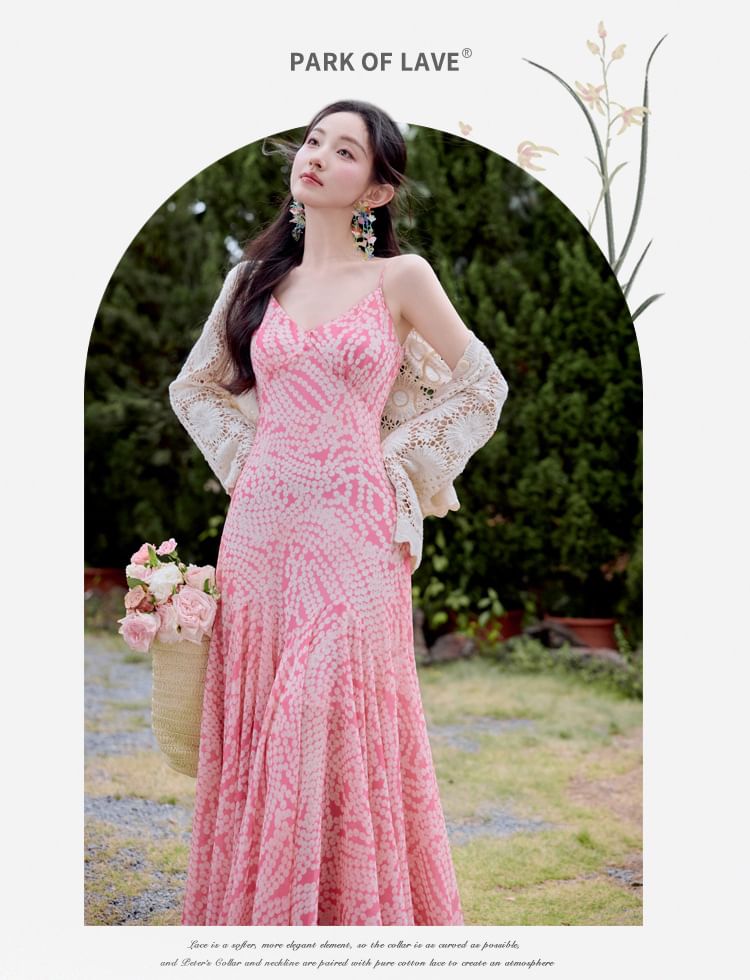 Spaghetti Strap V-Neck Polka Dot Ruffle Maxi A-Line Dress / Lace Cardigan / Set