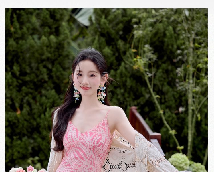 Spaghetti Strap V-Neck Polka Dot Ruffle Maxi A-Line Dress / Lace Cardigan / Set