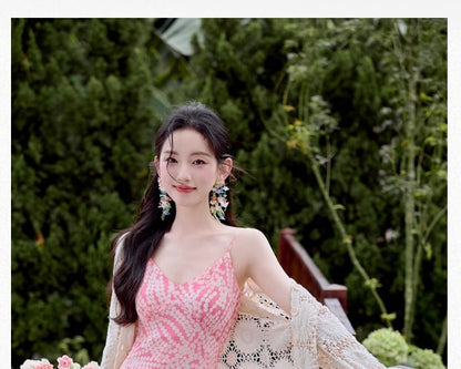 Spaghetti Strap V-Neck Polka Dot Ruffle Maxi A-Line Dress / Lace Cardigan / Set