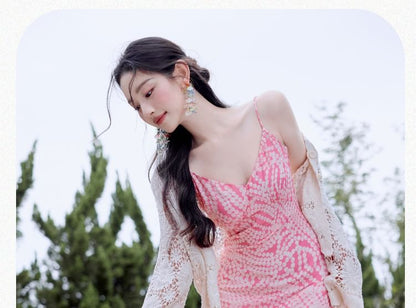 Spaghetti Strap V-Neck Polka Dot Ruffle Maxi A-Line Dress / Lace Cardigan / Set