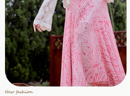 Spaghetti Strap V-Neck Polka Dot Ruffle Maxi A-Line Dress / Lace Cardigan / Set