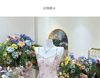 Spaghetti Strap Crew Neck Floral Print Midi A-Line Dress / Plain Cardigan / Set