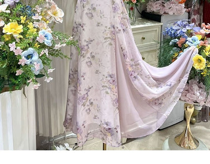 Spaghetti Strap Crew Neck Floral Print Midi A-Line Dress / Plain Cardigan / Set