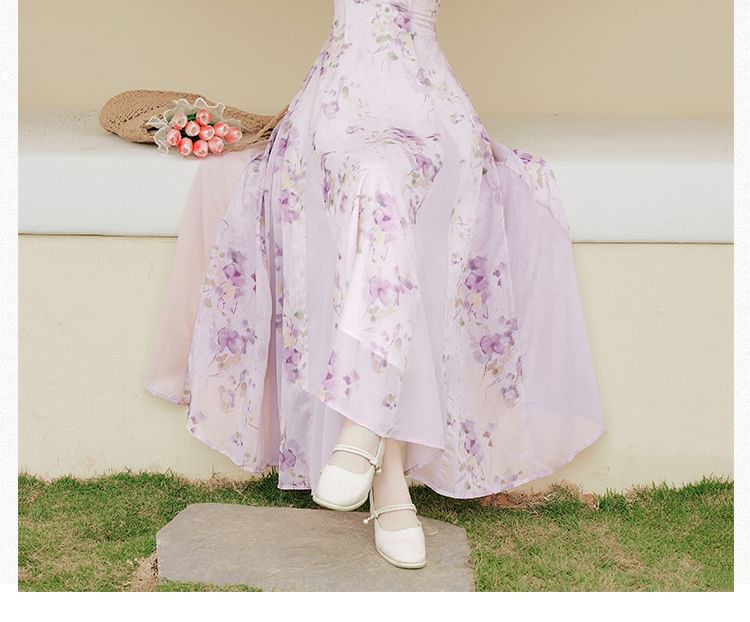 Spaghetti Strap Crew Neck Floral Print Midi A-Line Dress / Plain Cardigan / Set