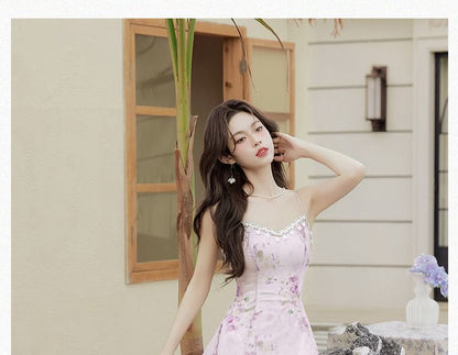 Spaghetti Strap Crew Neck Floral Print Midi A-Line Dress / Plain Cardigan / Set