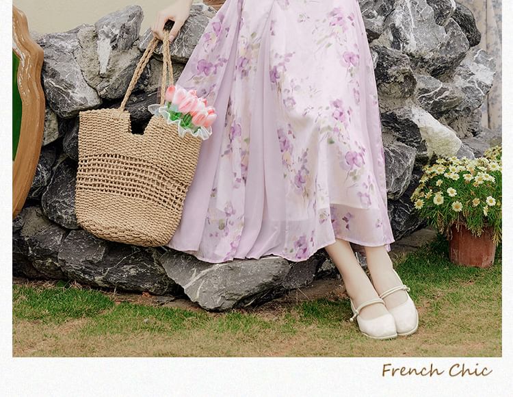 Spaghetti Strap Crew Neck Floral Print Midi A-Line Dress / Plain Cardigan / Set