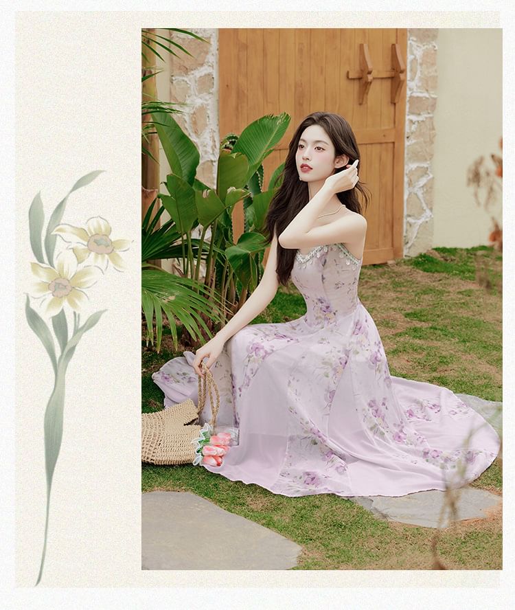 Spaghetti Strap Crew Neck Floral Print Midi A-Line Dress / Plain Cardigan / Set