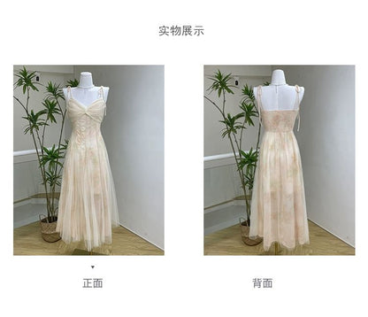 Spaghetti Strap V-Neck Plain Ruched Maxi A-Line Dress / Plain Cardigan / Set