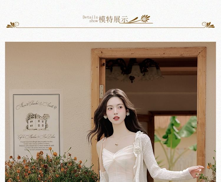 Spaghetti Strap V-Neck Plain Ruched Maxi A-Line Dress / Plain Cardigan / Set