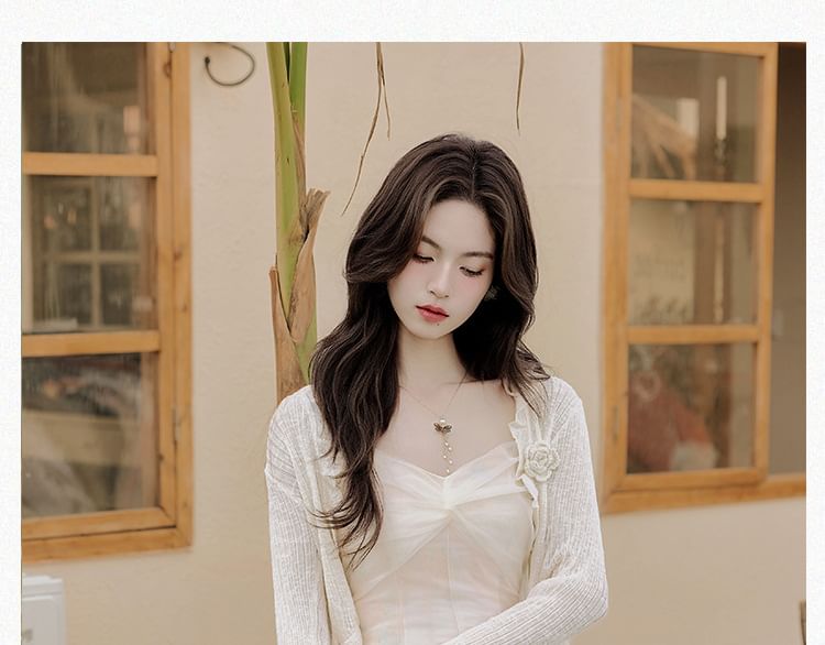 Spaghetti Strap V-Neck Plain Ruched Maxi A-Line Dress / Plain Cardigan / Set