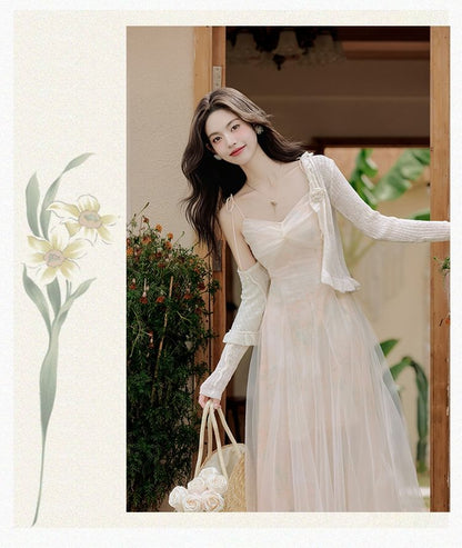 Spaghetti Strap V-Neck Plain Ruched Maxi A-Line Dress / Plain Cardigan / Set