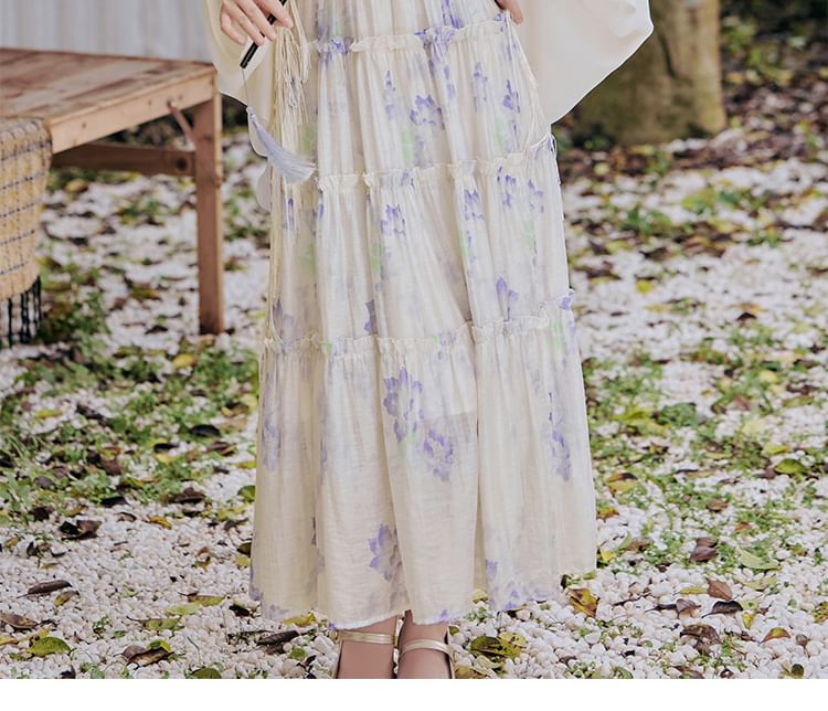 Halter Neck Floral Print Maxi A-Line Dress / Plain Light Jacket / Set