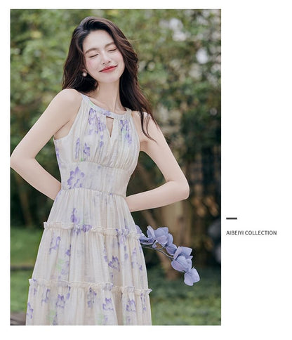 Halter Neck Floral Print Maxi A-Line Dress / Plain Light Jacket / Set