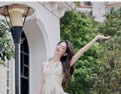 Halter Neck Floral Print Maxi A-Line Dress / Plain Light Jacket / Set