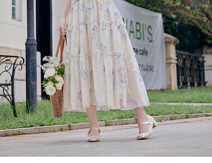 Halter Neck Floral Print Maxi A-Line Dress / Plain Light Jacket / Set