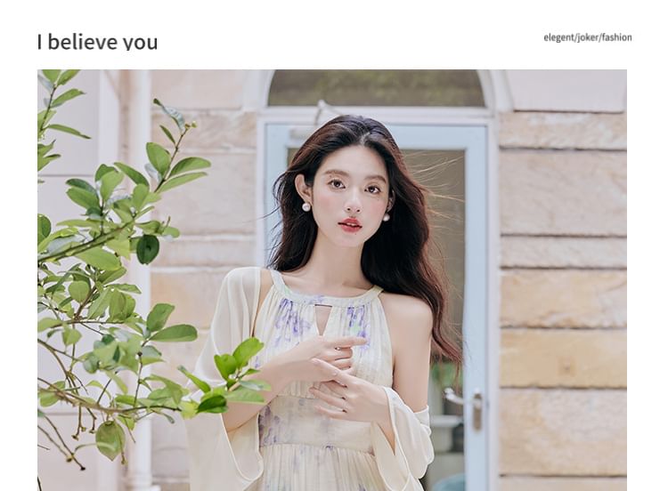 Halter Neck Floral Print Maxi A-Line Dress / Plain Light Jacket / Set