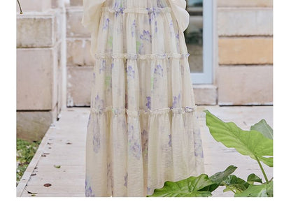 Halter Neck Floral Print Maxi A-Line Dress / Plain Light Jacket / Set