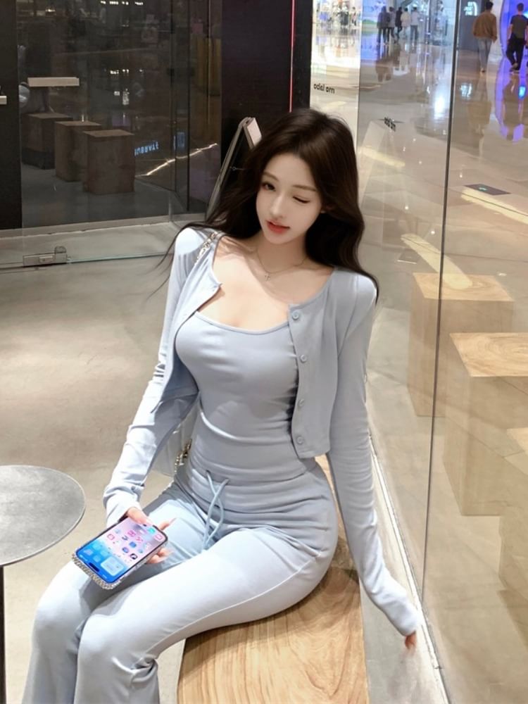 Scoop Top Button-Up Flared Pants Crop / Neck Camisole Plain Waist Cardigan Crew Drawstring