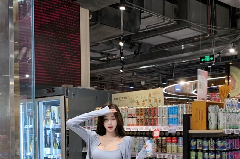 Scoop Top Button-Up Flared Pants Crop / Neck Camisole Plain Waist Cardigan Crew Drawstring