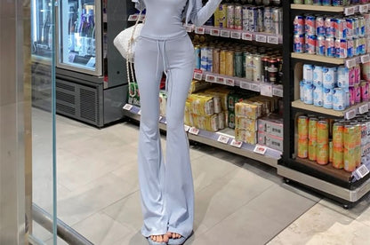 Scoop Top Button-Up Flared Pants Crop / Neck Camisole Plain Waist Cardigan Crew Drawstring