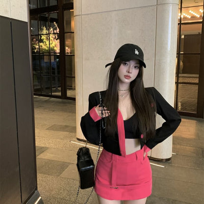 / Notch Mini (Various Plain High Pencil Skirt Blazer Designs) Waist Two-Piece Two Mock Lapel Tone