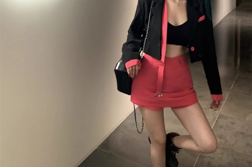 / Notch Mini (Various Plain High Pencil Skirt Blazer Designs) Waist Two-Piece Two Mock Lapel Tone