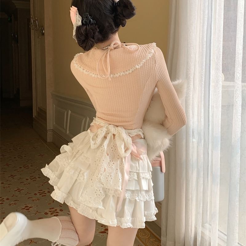 Mock Two-Piece Long-Sleeve Halter Neck Bow Accent Lace Trim Crop Knit Top / High Rise Plain Tiered Mini A-Line Skirt / Half Apron / Set