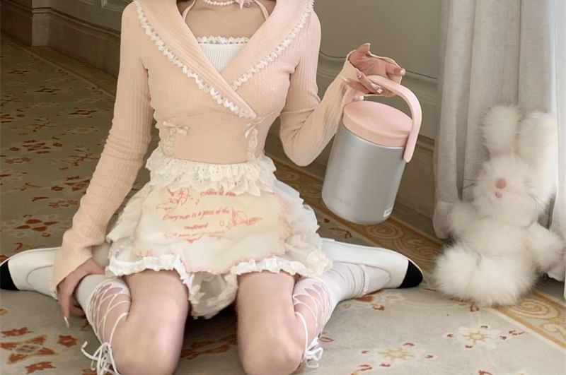 Mock Two-Piece Long-Sleeve Halter Neck Bow Accent Lace Trim Crop Knit Top / High Rise Plain Tiered Mini A-Line Skirt / Half Apron / Set