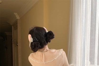 Mock Two-Piece Long-Sleeve Halter Neck Bow Accent Lace Trim Crop Knit Top / High Rise Plain Tiered Mini A-Line Skirt / Half Apron / Set