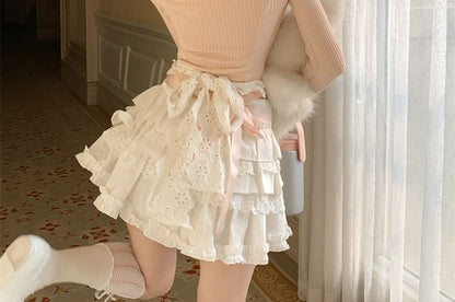 Mock Two-Piece Long-Sleeve Halter Neck Bow Accent Lace Trim Crop Knit Top / High Rise Plain Tiered Mini A-Line Skirt / Half Apron / Set