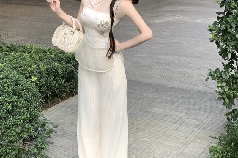 Floral Buttoned Slit High Frog Tube Set Stand Crop Top Wide Pants Leg Embroidered Collar Cap-Sleeve Rise Plain /
