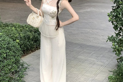 Floral Buttoned Slit High Frog Tube Set Stand Crop Top Wide Pants Leg Embroidered Collar Cap-Sleeve Rise Plain /