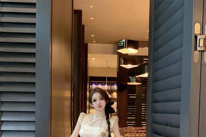 Floral Buttoned Slit High Frog Tube Set Stand Crop Top Wide Pants Leg Embroidered Collar Cap-Sleeve Rise Plain /