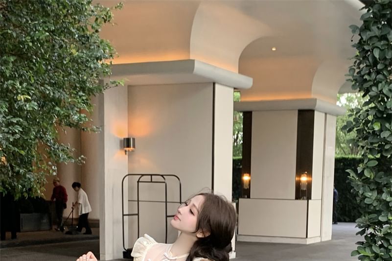 Floral Buttoned Slit High Frog Tube Set Stand Crop Top Wide Pants Leg Embroidered Collar Cap-Sleeve Rise Plain /