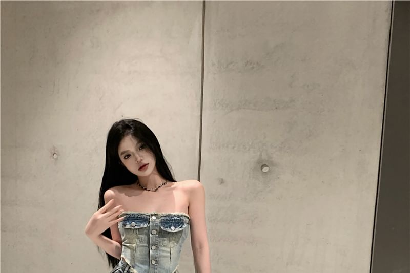 Ripped Button-Up / Jeans Rise High Washed Crop Tube Frayed Top Denim Loose Fit