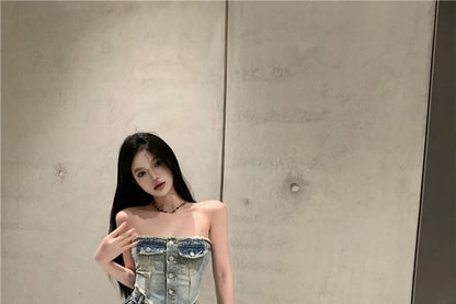 Ripped Button-Up / Jeans Rise High Washed Crop Tube Frayed Top Denim Loose Fit