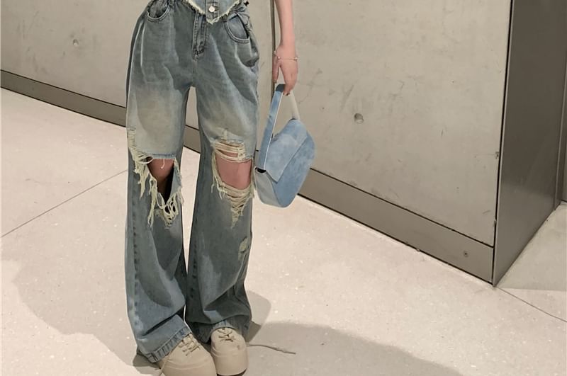 Ripped Button-Up / Jeans Rise High Washed Crop Tube Frayed Top Denim Loose Fit