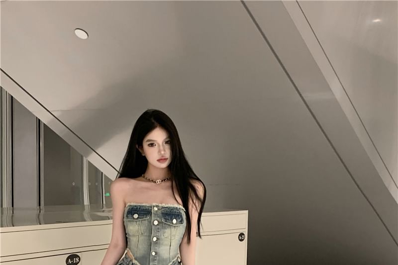 Ripped Button-Up / Jeans Rise High Washed Crop Tube Frayed Top Denim Loose Fit