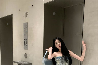 Ripped Button-Up / Jeans Rise High Washed Crop Tube Frayed Top Denim Loose Fit