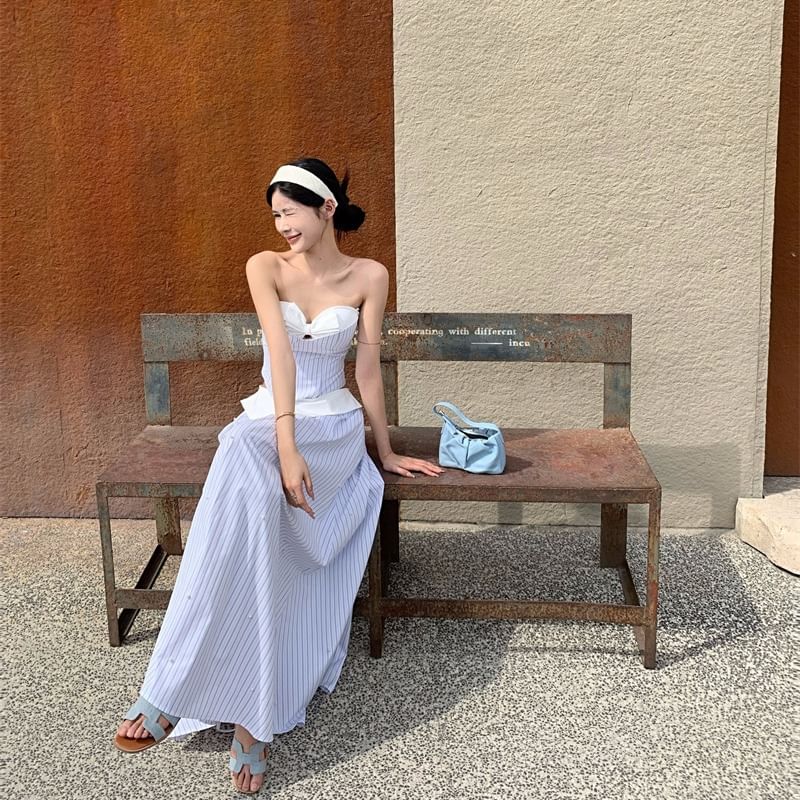 Mock Two-Piece Sweetheart Neckline Striped Cutout Crop Camisole Top / High Waist Maxi A-Line Skirt