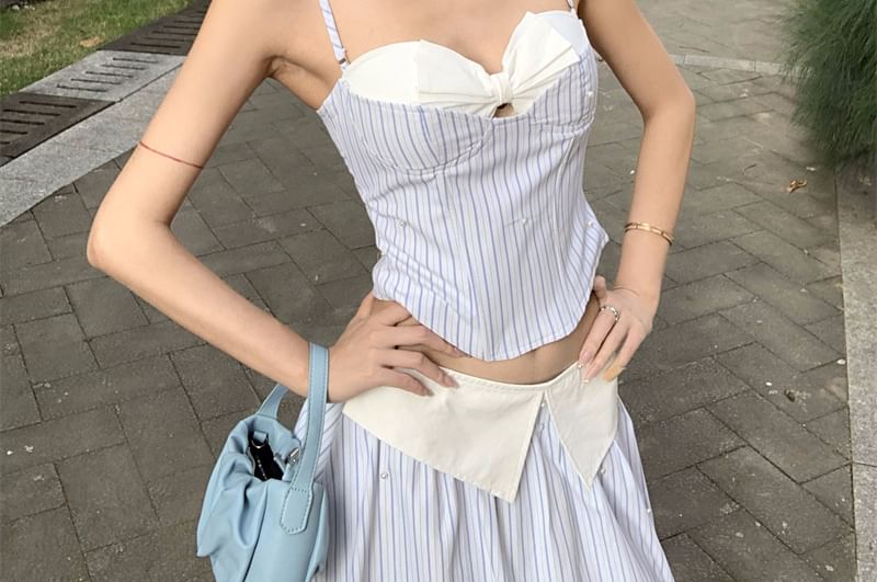 Mock Two-Piece Sweetheart Neckline Striped Cutout Crop Camisole Top / High Waist Maxi A-Line Skirt