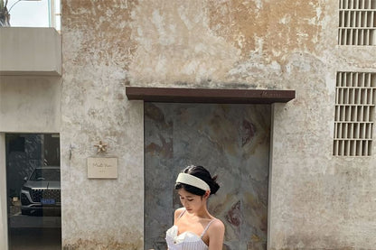 Mock Two-Piece Sweetheart Neckline Striped Cutout Crop Camisole Top / High Waist Maxi A-Line Skirt