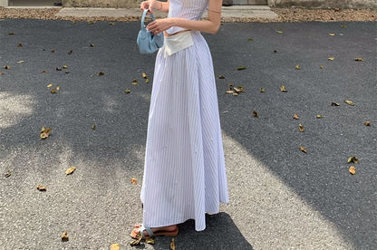 Mock Two-Piece Sweetheart Neckline Striped Cutout Crop Camisole Top / High Waist Maxi A-Line Skirt