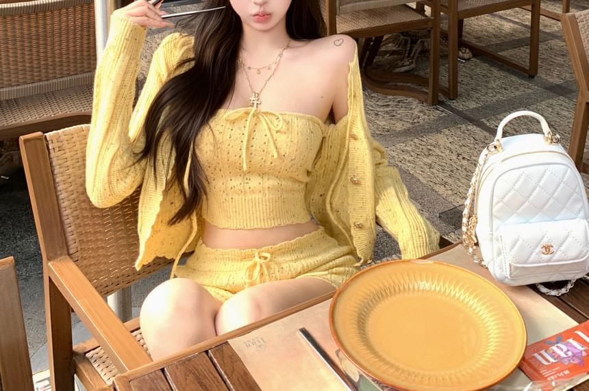Speckle Perforated Tie Front Knit Crop Tube Top / Drawstring Waist Hot Pants / Cardigan