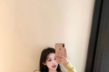 Speckle Perforated Tie Front Knit Crop Tube Top / Drawstring Waist Hot Pants / Cardigan