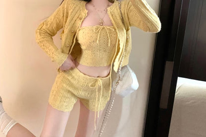 Speckle Perforated Tie Front Knit Crop Tube Top / Drawstring Waist Hot Pants / Cardigan