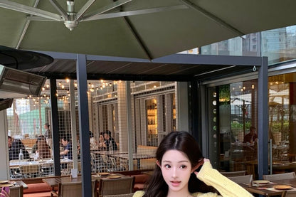 Speckle Perforated Tie Front Knit Crop Tube Top / Drawstring Waist Hot Pants / Cardigan