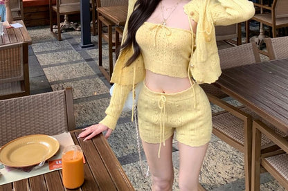 Speckle Perforated Tie Front Knit Crop Tube Top / Drawstring Waist Hot Pants / Cardigan